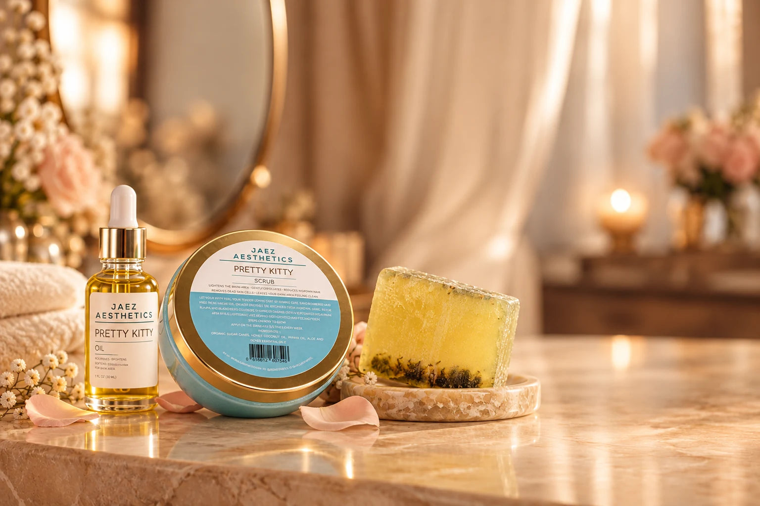 Pretty Kitty Oil, Scrub and Yoni Bar arranged on a warm cream and gold vanity