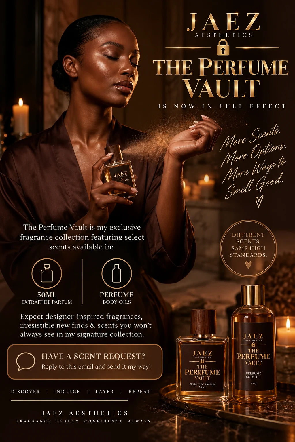 The Perfume Vault by Jaez Aesthetics, featuring a Black woman wearing fragrance
